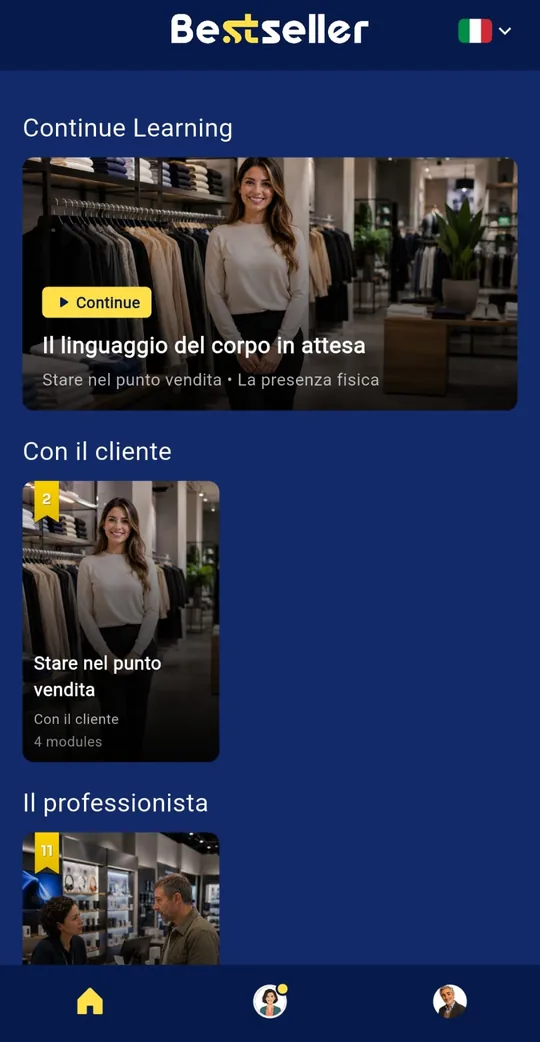 Best Seller app home screen with the training modules