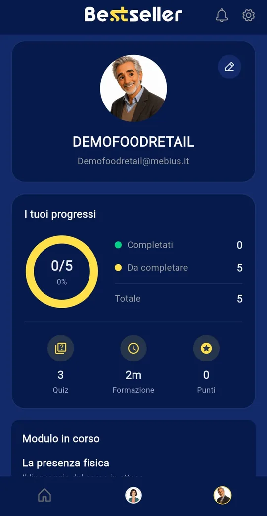 Sales associate profile with completed modules, quizzes and points